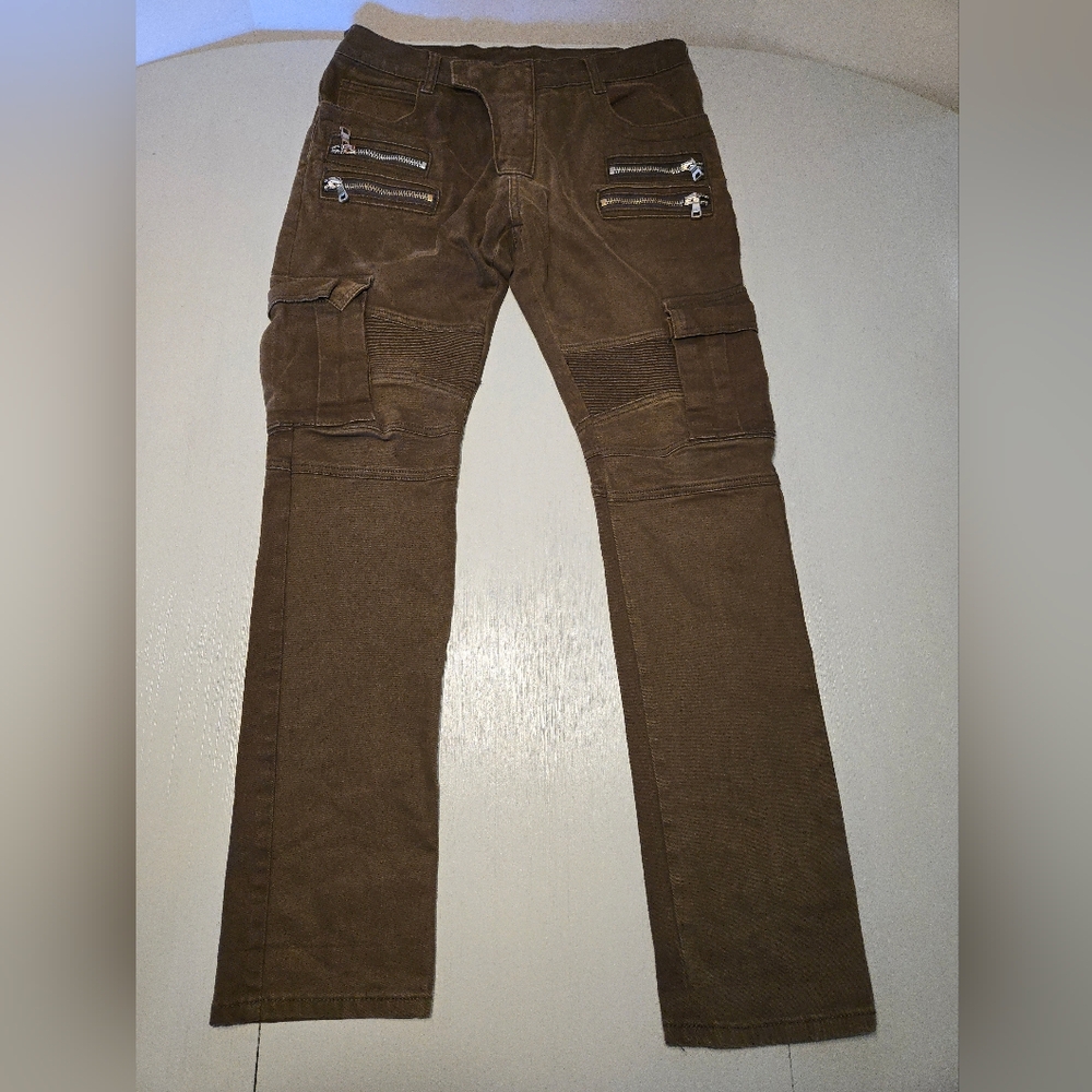 Balmain like FW14 Green Cargo Biker Denim Jeans